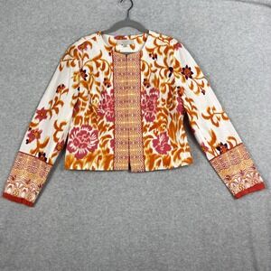 Indikka Ikat Print Jacket White Rust Orange Womens L Art to Wear Boho Festival